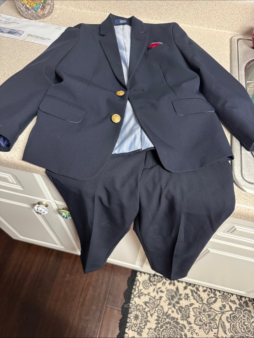 Izod Boys Navy Sport Coat with Gold Buttons and Red Pocket Square
